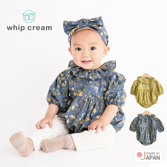 ロンパース70cm80cm【日本製】ホイップクリームフリル花柄ボディオール9分袖股開きかぶりベビー服女の子服カバーオールプレオールボディオールロンパス春秋冬お花柄おしゃれ可愛いかわいいギフト出産祝い