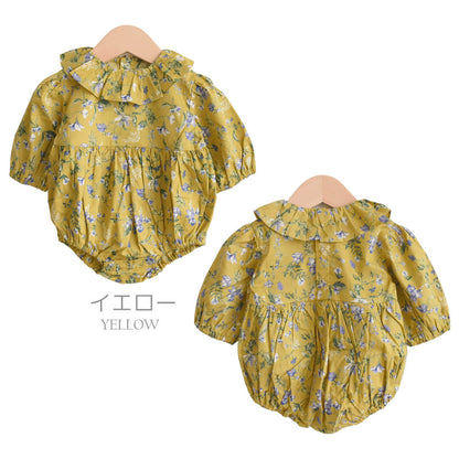 ロンパース70cm80cm【日本製】ホイップクリームフリル花柄ボディオール9分袖股開きかぶりベビー服女の子服カバーオールプレオールボディオールロンパス春秋冬お花柄おしゃれ可愛いかわいいギフト出産祝い