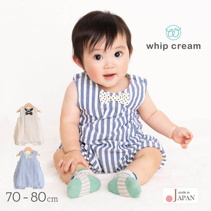 ロンパース70cm80cm【日本製】ホイップクリームサッカーストライプノースリオールオーバーオールカバーオールベビー服男の子プレオールコンビネゾン春夏服綿100％股開き北欧おしゃれかわいいギフト出産祝い入園準備