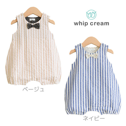 ロンパース70cm80cm【日本製】ホイップクリームサッカーストライプノースリオールオーバーオールカバーオールベビー服男の子プレオールコンビネゾン春夏服綿100％股開き北欧おしゃれかわいいギフト出産祝い入園準備