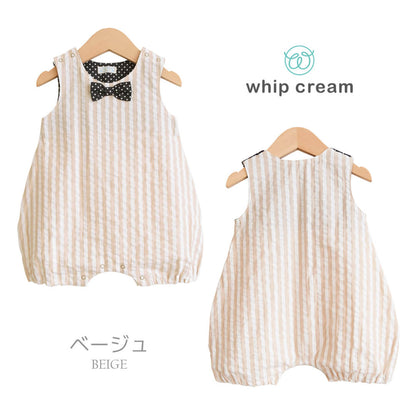 ロンパース70cm80cm【日本製】ホイップクリームサッカーストライプノースリオールオーバーオールカバーオールベビー服男の子プレオールコンビネゾン春夏服綿100％股開き北欧おしゃれかわいいギフト出産祝い入園準備