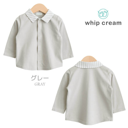 ベビーシャツ【日本製】ホイップクリーム衿ｘ天竺シャツ長袖ベビー服男の子女の子グレーホワイトトップスブラウスストライプシンプル春秋冬服無地おしゃれかわいい子供幼児ギフト出産祝い