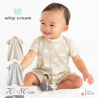 ロンパース春夏70cm-80cm【日本製】ホイップクリームシロクマ抜染Ptロンパース半袖新生児服ベビー服男の子女の子Ｔオールプレオールつなぎ足なし前開き春夏コットンパイル地北欧おしゃれかわいい出産祝い出産準備