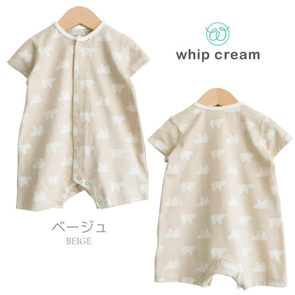 ロンパース春夏70cm-80cm【日本製】ホイップクリームシロクマ抜染Ptロンパース半袖新生児服ベビー服男の子女の子Ｔオールプレオールつなぎ足なし前開き春夏コットンパイル地北欧おしゃれかわいい出産祝い出産準備
