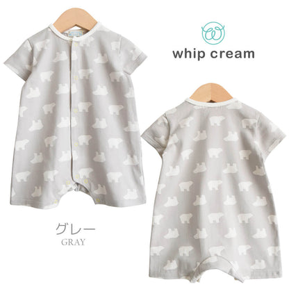 ロンパース春夏70cm-80cm【日本製】ホイップクリームシロクマ抜染Ptロンパース半袖新生児服ベビー服男の子女の子Ｔオールプレオールつなぎ足なし前開き春夏コットンパイル地北欧おしゃれかわいい出産祝い出産準備