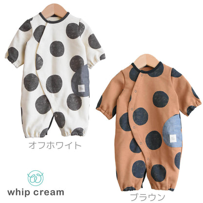 2wayオール50cm-60cm【日本製】ホイップクリーム裏毛大水玉プリントツーウェイオール長袖新生児ベビー服男の子女の子スウェットドレスオール兼用ドレス春秋冬服ドットおしゃれかわいいギフト出産祝いクリスマス