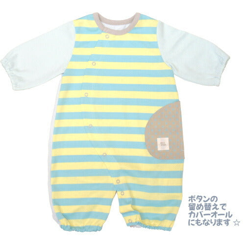 【日本製】ボーダーツーウェイオール長袖新生児服50cm-60cmピンク天竺ボーダー綿100%出産祝いギフト出産準備春夏秋冬赤ちゃんかわいいおしゃれベビー服兼用ドレスカバーオールロンパースコンビドレス2WAYオール男の子女の子ホイップクリーム