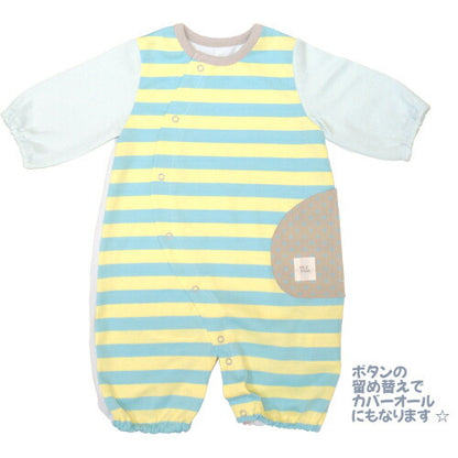 【日本製】ボーダーツーウェイオール長袖新生児服50cm-60cmピンク天竺ボーダー綿100%出産祝いギフト出産準備春夏秋冬赤ちゃんかわいいおしゃれベビー服兼用ドレスカバーオールロンパースコンビドレス2WAYオール男の子女の子ホイップクリーム