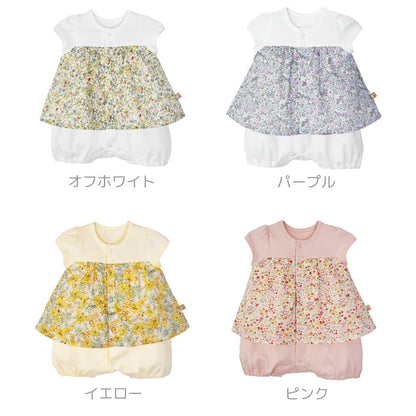 【日本製】お花柄フリル付カバーオール半袖70cm80cm綿100%女の子春夏秋かわいいおしゃれ服ベビー服プレゼントギフト1才Ｔオール赤ちゃんロンパース出産祝い前開きギフト半年レイヤード風ホイップクリームピンクイエロー小花柄
