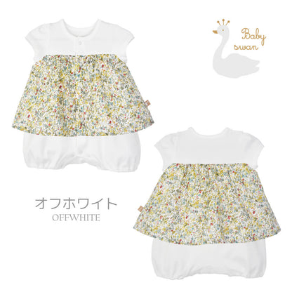 カバーオール70cm80cm【日本製】ホイップクリームお花柄フリル付カバーオール半袖ベビー服女の子ロンパースつなぎ前開きレイヤード風Ｔオールロンパス春夏秋服半年1才おしゃれかわいい小花柄ギフト出産祝い