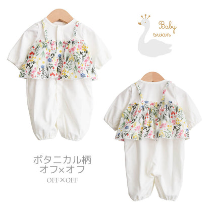 ツーウェイオール50cm-60cm【日本製】ベビースワンフリル付ツーウェイオール長袖ベビー服新生児服女の子前開きコンビドレスベビードレスロンパース兼用春夏秋服花柄おしゃれかわいいギフト出産祝い出産準備