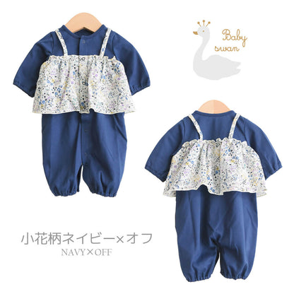 ツーウェイオール50cm-60cm【日本製】ベビースワンフリル付ツーウェイオール長袖ベビー服新生児服女の子前開きコンビドレスベビードレスロンパース兼用春夏秋服花柄おしゃれかわいいギフト出産祝い出産準備
