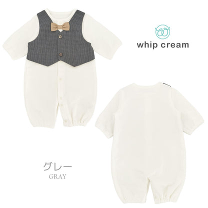 日本製セレモニードレス男の子50cm60cm70cmベスト付き裏毛ツーウェイオールホイップクリーム長袖お宮参り新生児カバーオールリボンおでかけお呼ばれベビー退院退院着出産祝い出産準備結婚式白おしゃれ春夏秋冬ギフト