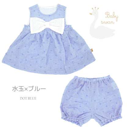 【日本製】ベビースワン大きなリボン付きベビースーツセットアップ上下トップスボトムベビーキッズ女の子子供服子ども春夏かわいいおしゃれギフトプレゼント80cm90cmりぼん水玉ドットbabyswan