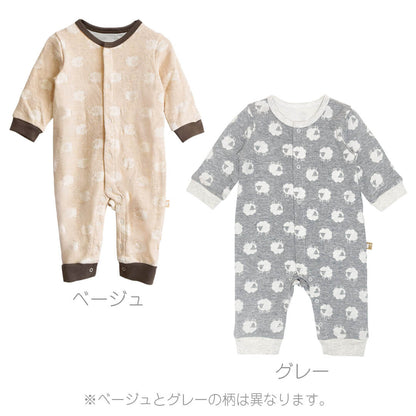 【日本製】ベビースワンひつじ柄カバーオール長袖新生児服70cm80cm綿100％出産祝いギフト春秋冬赤ちゃんおしゃれかわいいベビー服ロンパース前開き男の子女の子プレゼント半年1歳動物つなぎグレーベージュ