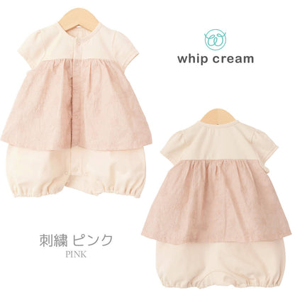 日本製ロンパース女の子7080花柄切替ロンパースホイップクリーム半袖カバーオールベビー服前開き北欧刺繍ボディオール春夏秋服白ピンクくすみお出かけシンプルおしゃれかわいい出産祝いギフト