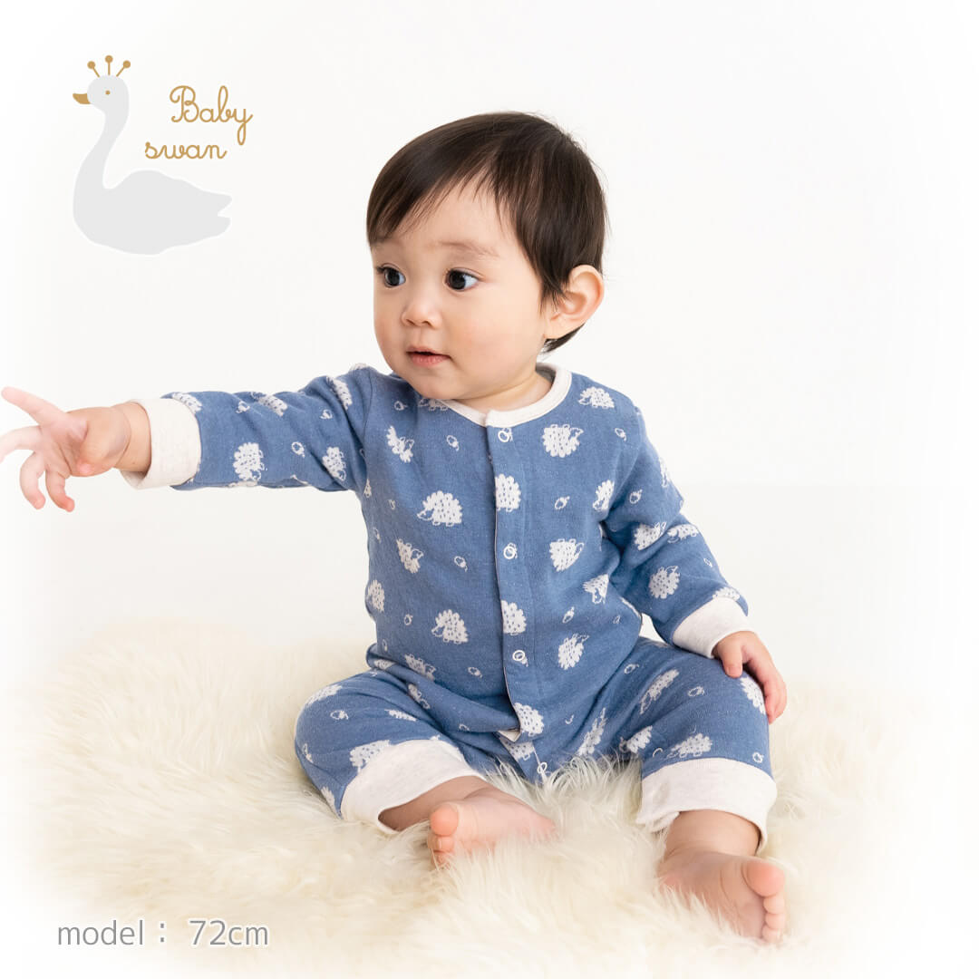 カバーオール70cm80cm【日本製】ベビースワンハリネズミ柄カバーオール長袖ベビー服男の子女の子ロンパースプレオールボディオールコンビネゾンオールインワンロンパス春秋冬服おしゃれかわいいギフト出産祝い