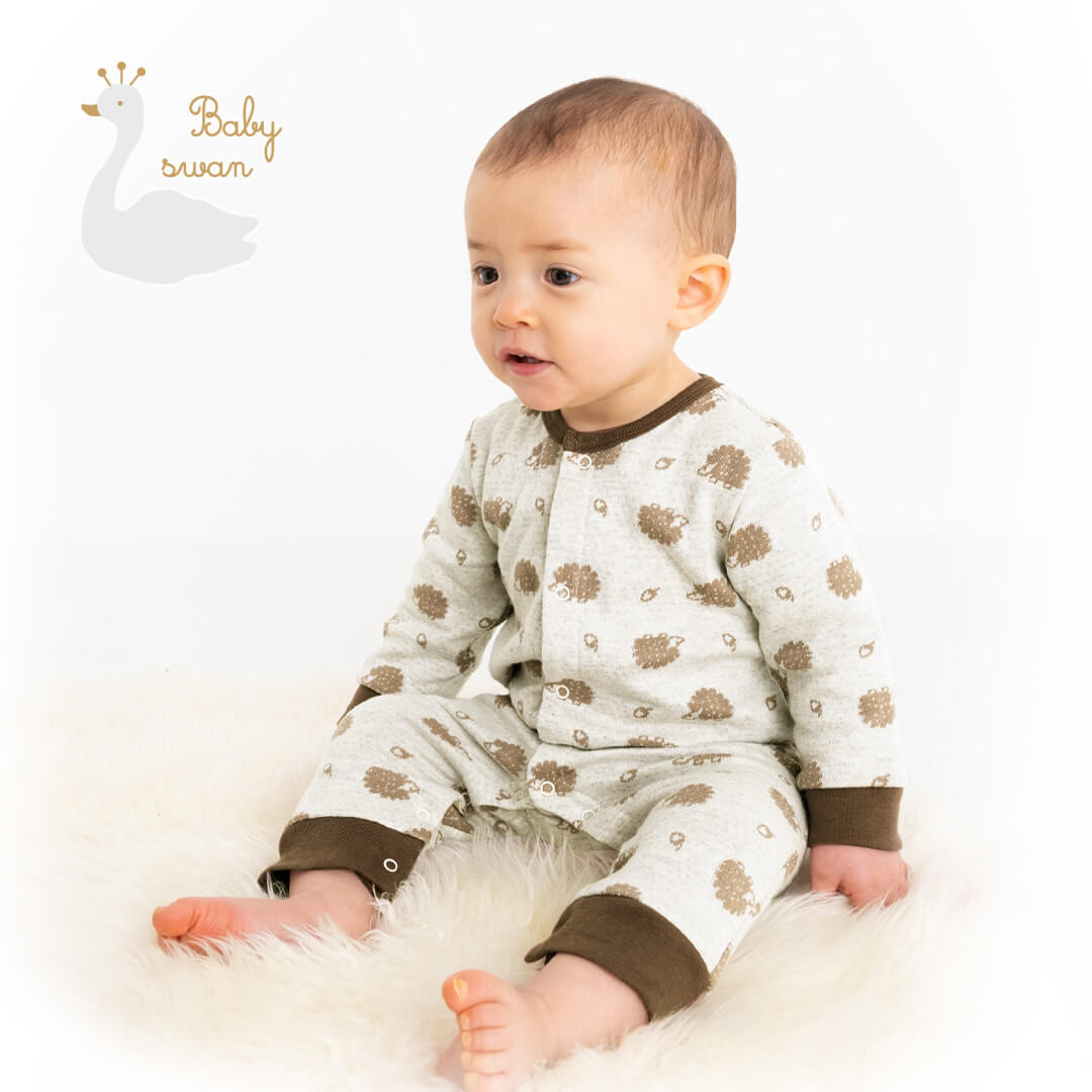 カバーオール70cm80cm【日本製】ベビースワンハリネズミ柄カバーオール長袖ベビー服男の子女の子ロンパースプレオールボディオールコンビネゾンオールインワンロンパス春秋冬服おしゃれかわいいギフト出産祝い